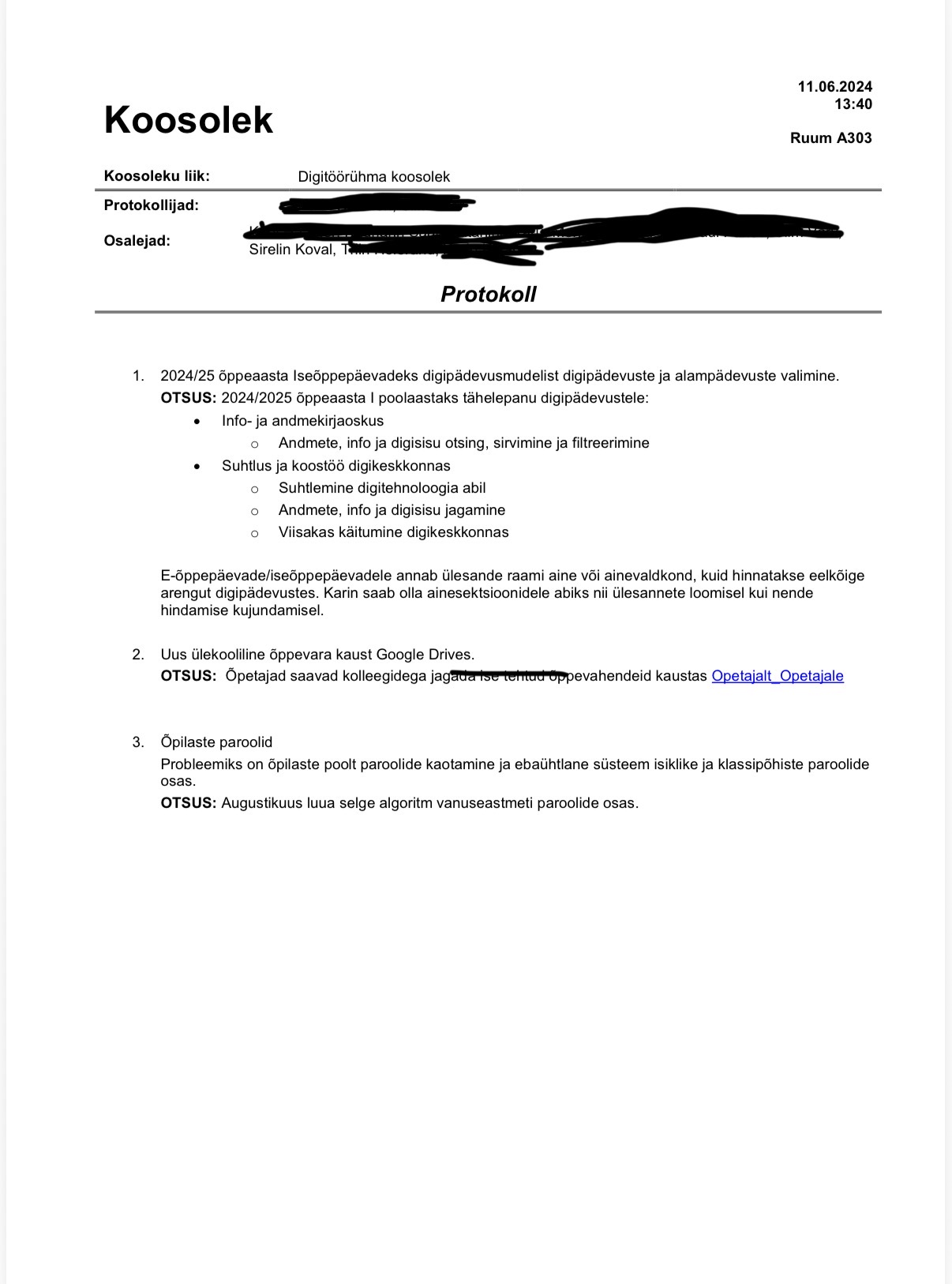 Digitöörühma koosoleku protokoll