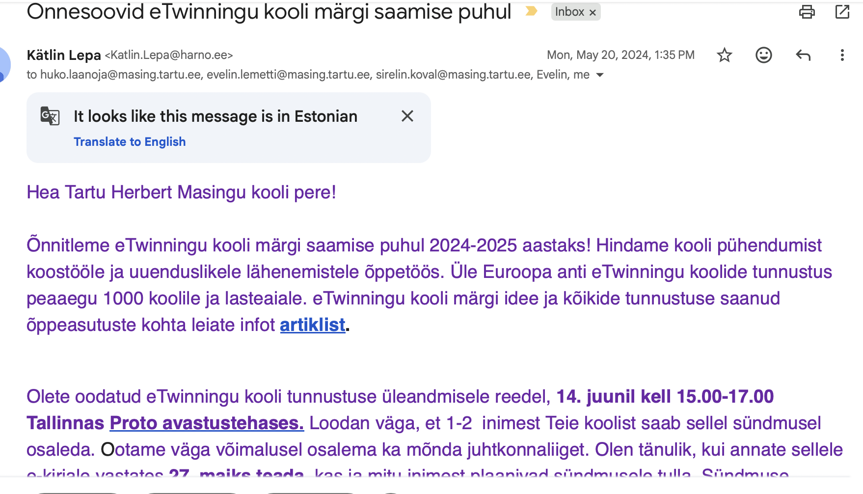 eTwinningu tunnustus